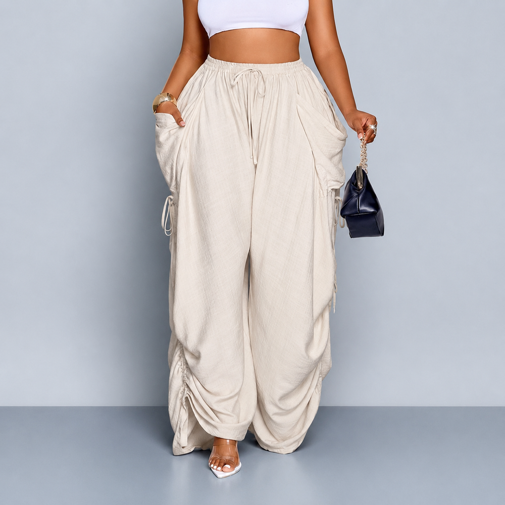 Ruched Wide-Leg Drawstring Pants