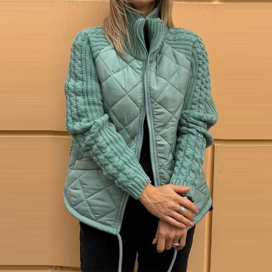 Quilted Zip Jacket with Cable-Knit Sleeves