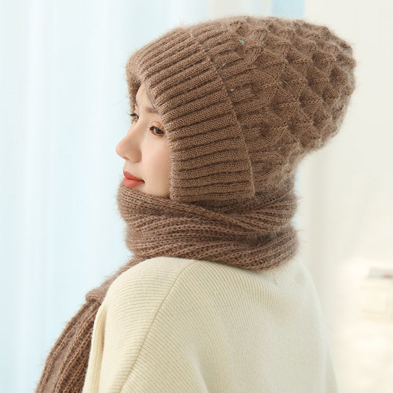 Fleece-Lined Knit Hooded Hat and Scarf