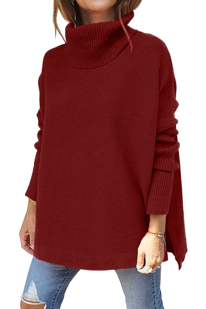 Oversized Turtleneck Split-Hem Tunic Sweater