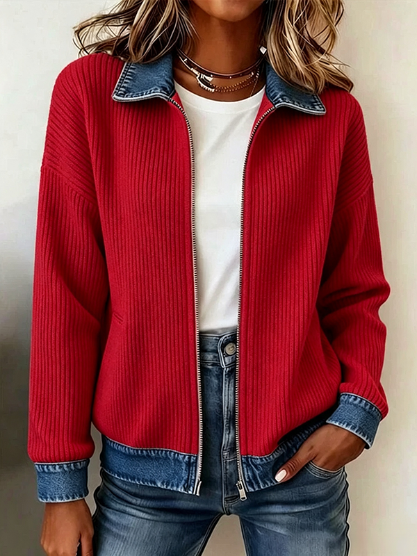 Ribbed Knit Zip Jacket with Denim Trim