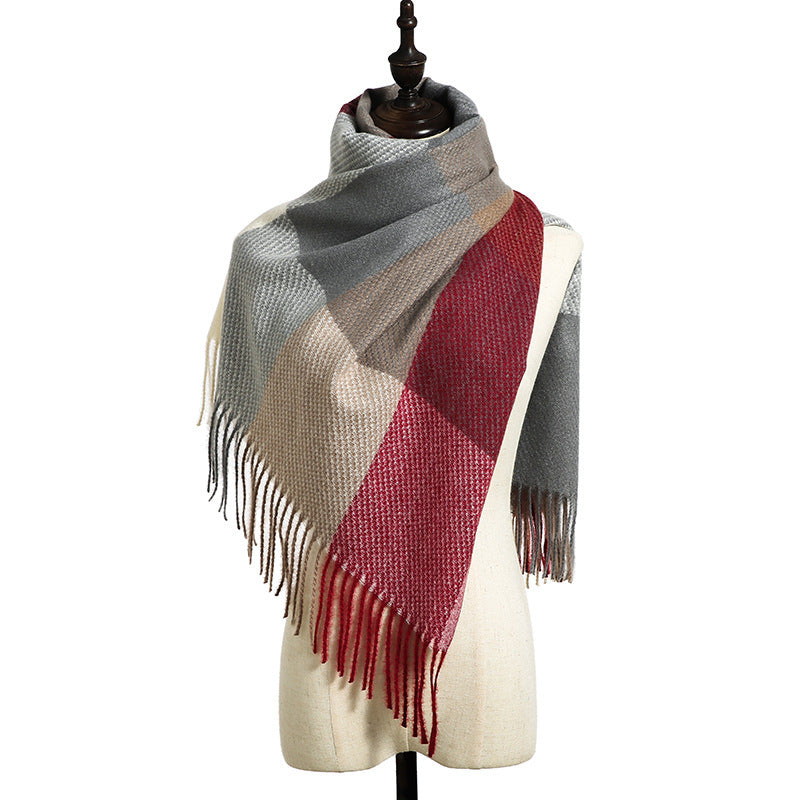 Color-Block Plaid Fringe Blanket Scarf