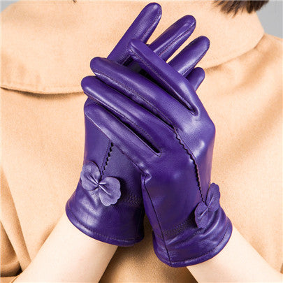 Bow-Trim Leather-Look Winter Gloves