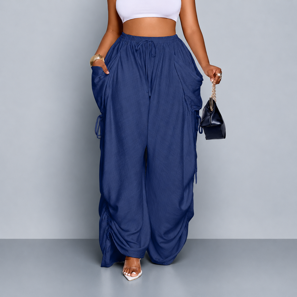 Ruched Wide-Leg Drawstring Pants
