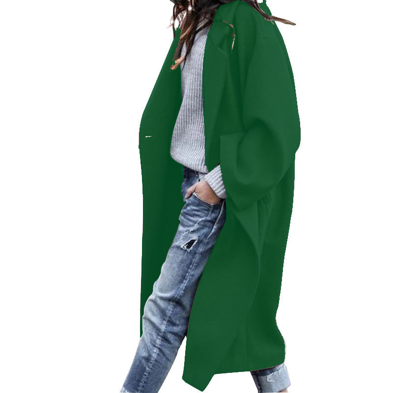 Long Wool-Look Lapel Coat with Pockets