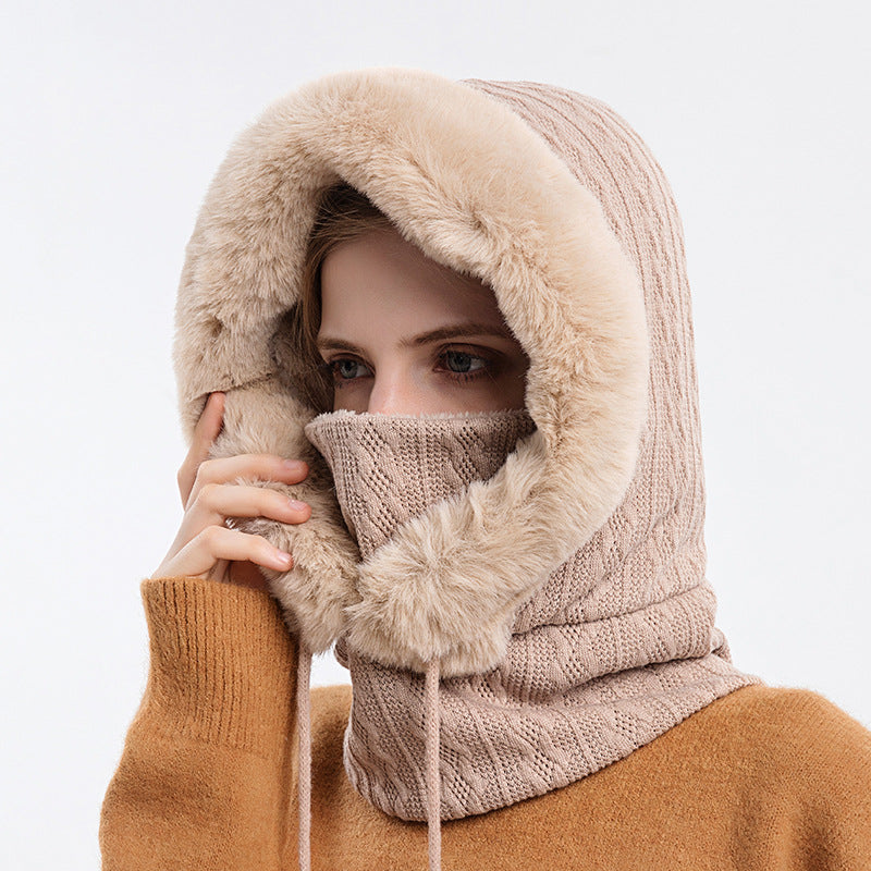 Faux Fur Trim Knit Hood with Neck Warmer