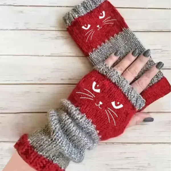 Embroidered Cat Fingerless Knit Gloves