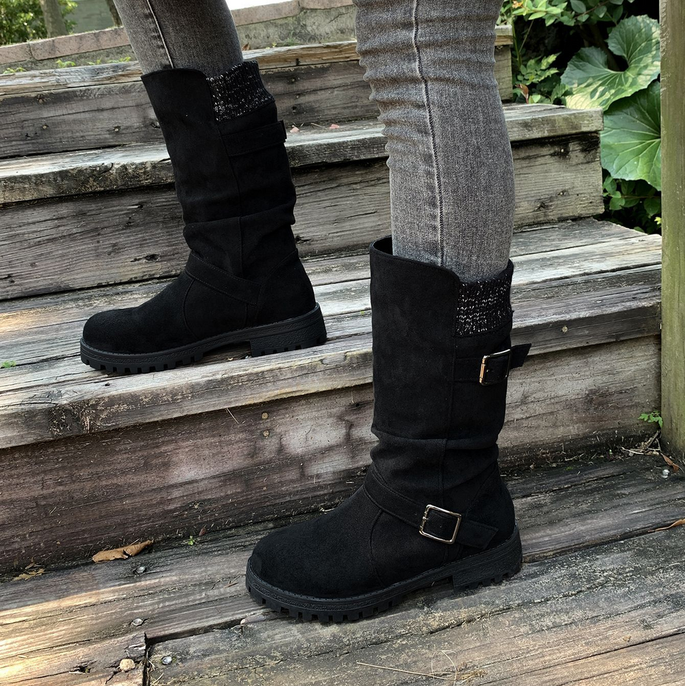 Slouchy Buckle Mid-Calf Boots with Knit Cuff