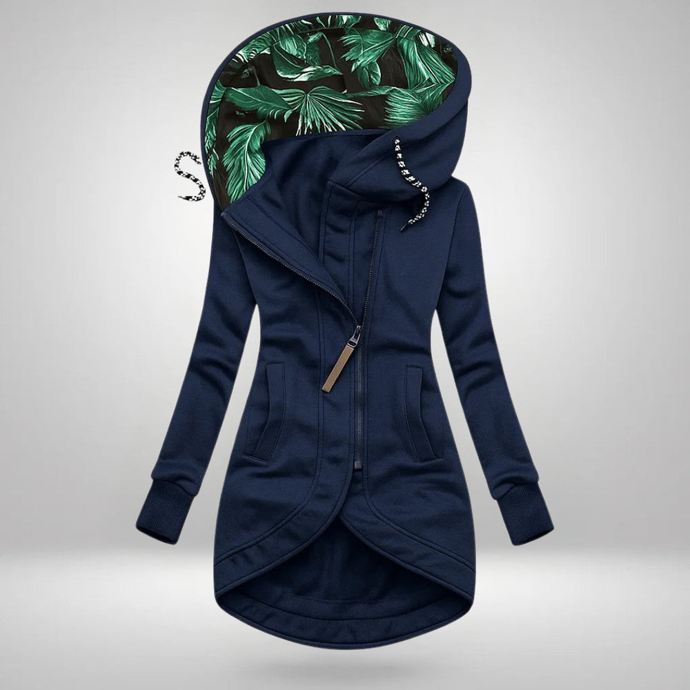 Longline Hooded Zip Jacket with Print-Lined Hood
