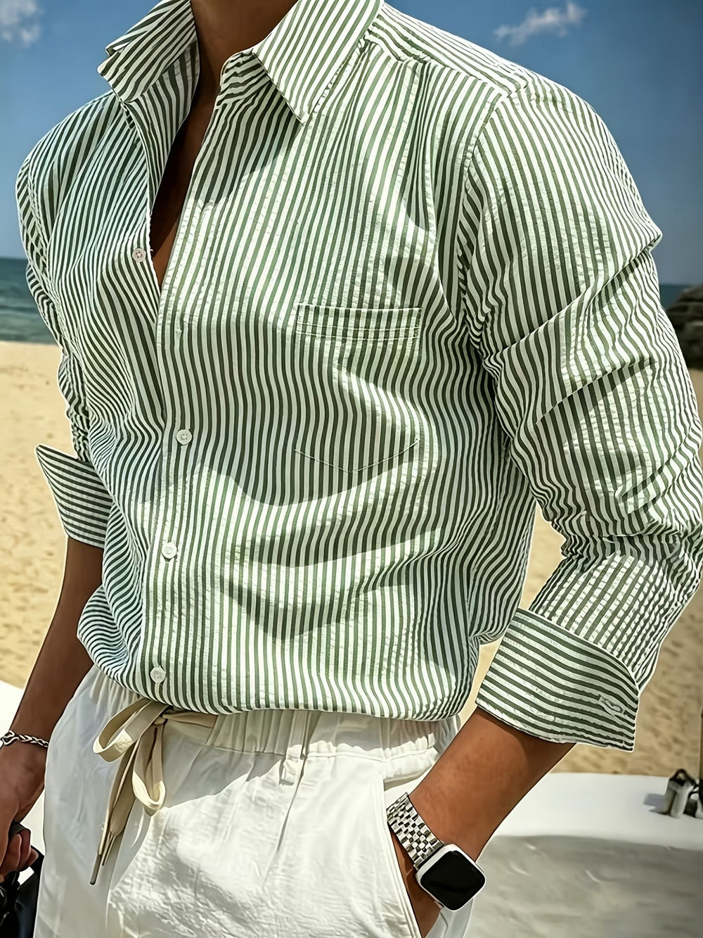 Men's Striped Seersucker Long Sleeve Shirt