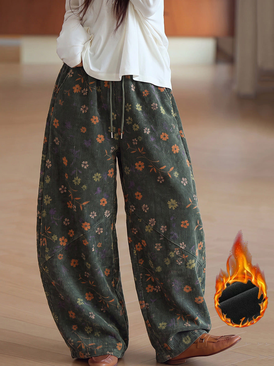 Vintage Floral Corduroy Wide-Leg Pants