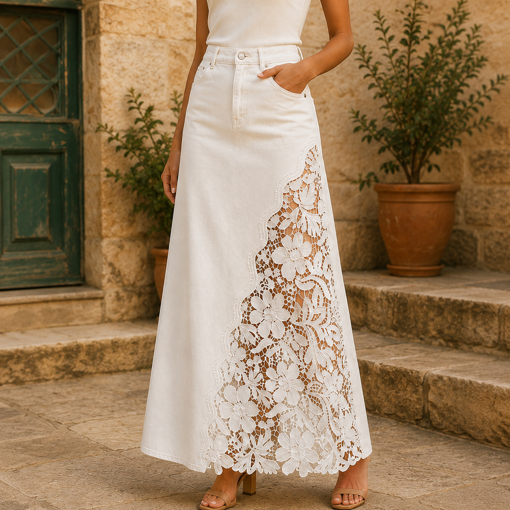 Floral Lace Panel Denim Maxi Skirt