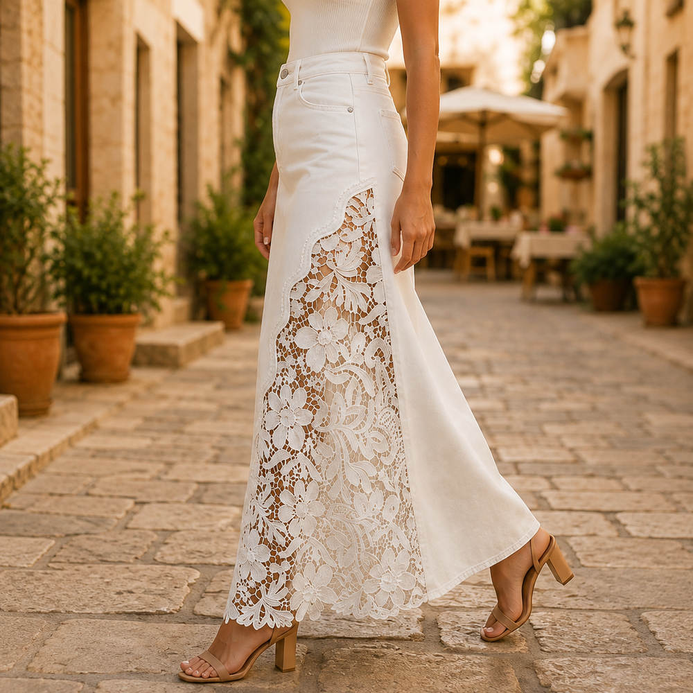 Floral Lace Panel Denim Maxi Skirt