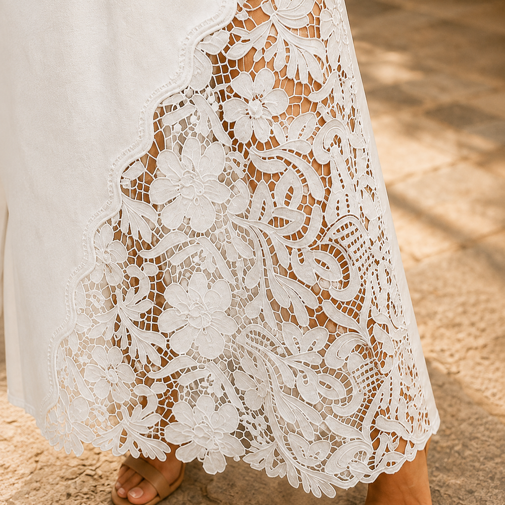 Floral Lace Panel Denim Maxi Skirt