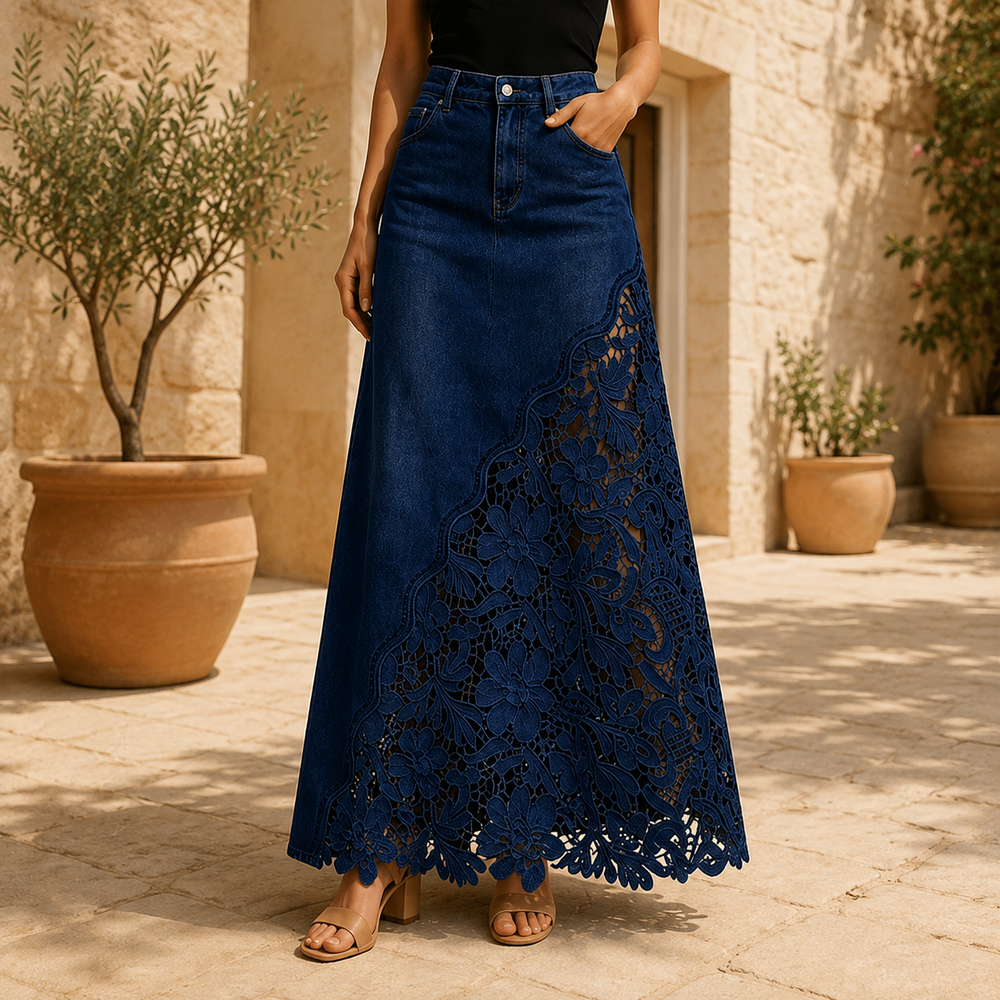 Floral Lace Panel Denim Maxi Skirt