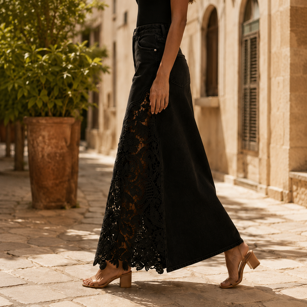 Floral Lace Panel Denim Maxi Skirt