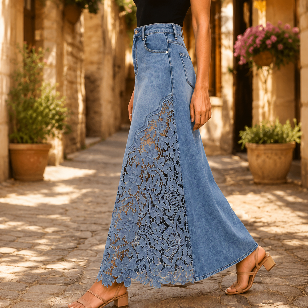 Floral Lace Panel Denim Maxi Skirt