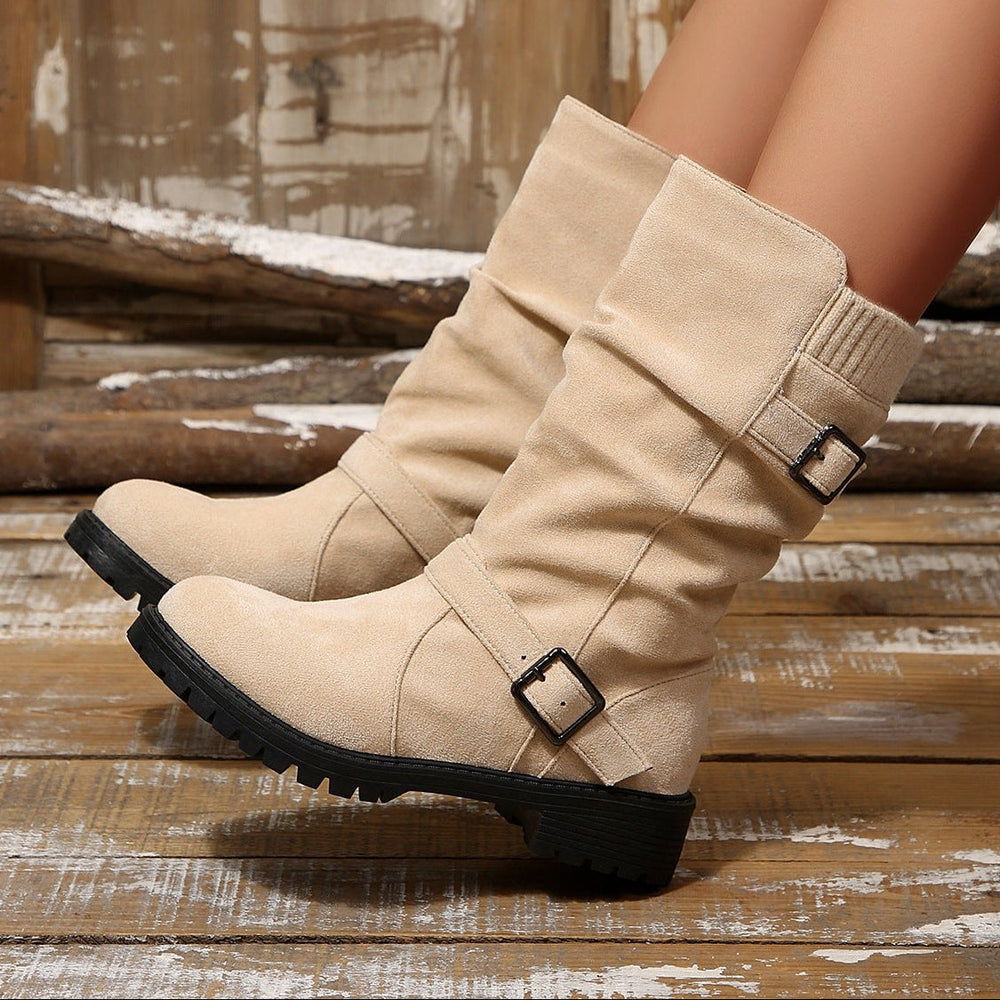 Slouchy Buckle Mid-Calf Boots with Knit Cuff