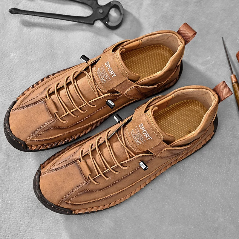 Men's Hand-Stitched Leather-Look Sneakers