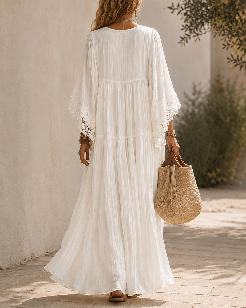 Lace V-Neck Batwing Chiffon Maxi Dress