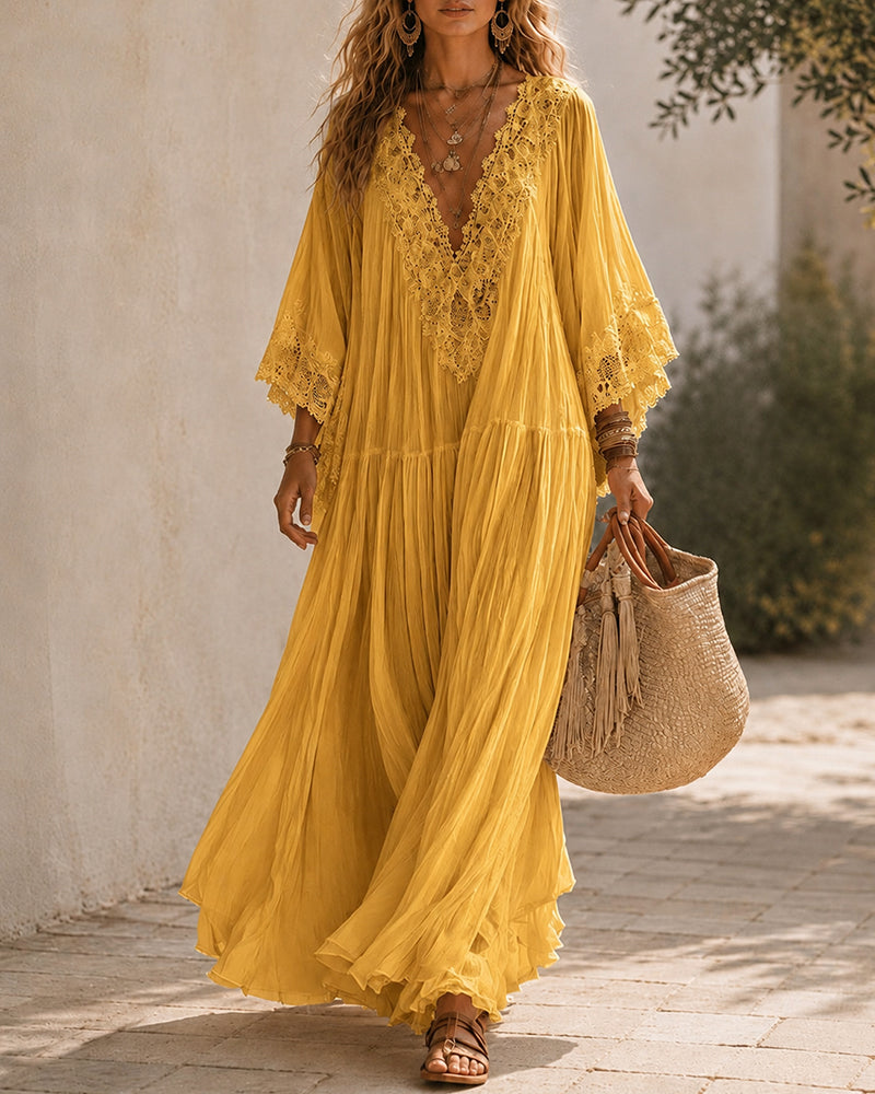 Lace V-Neck Batwing Chiffon Maxi Dress