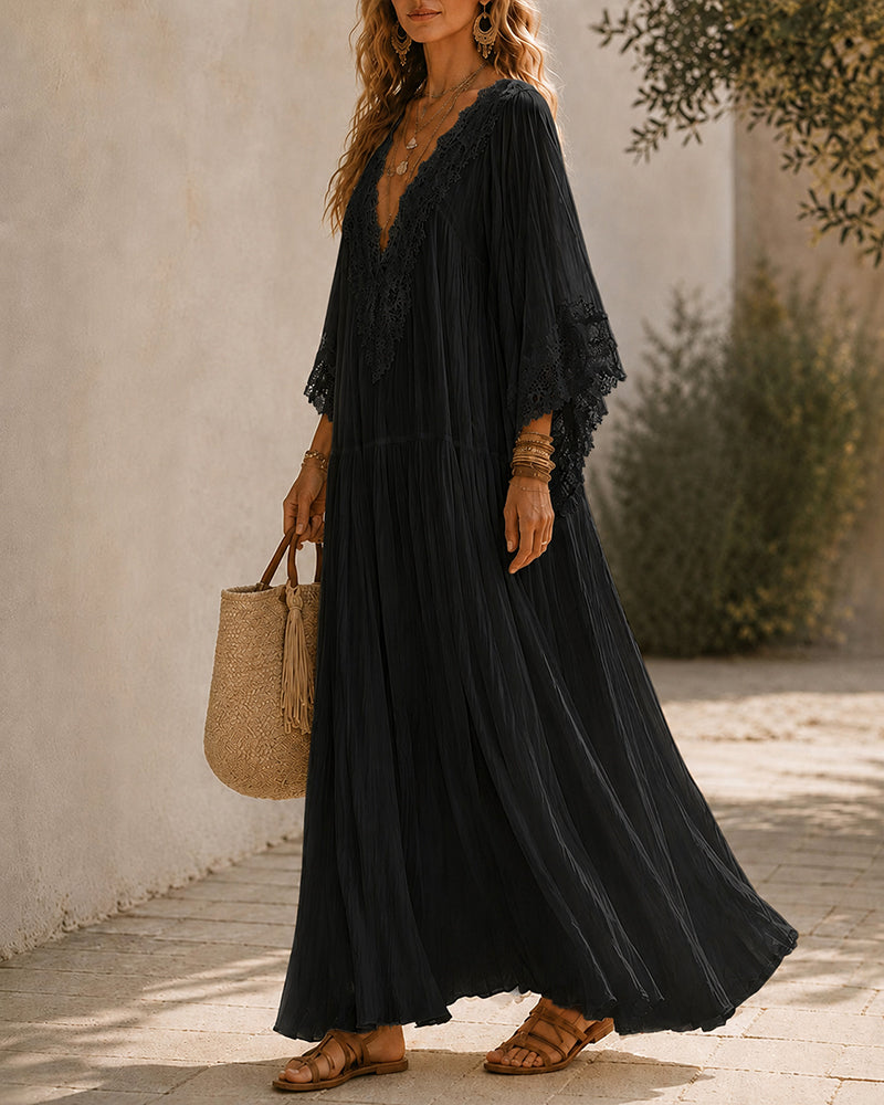 Lace V-Neck Batwing Chiffon Maxi Dress