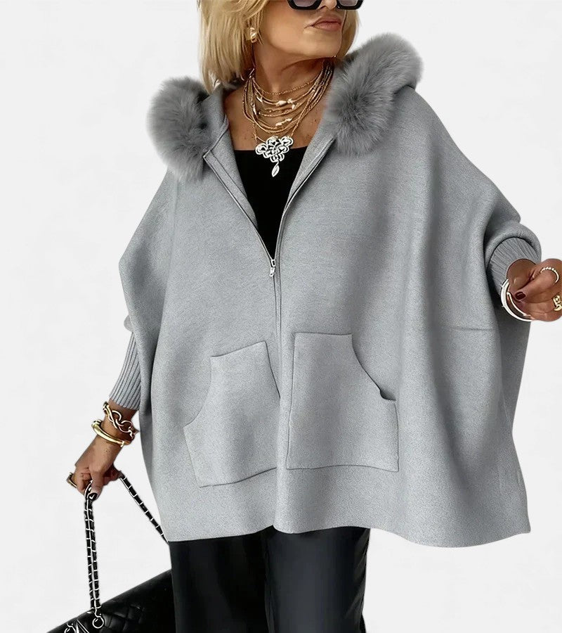 Faux Fur-Trim Hooded Knit Cape Jacket