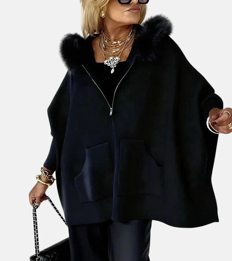 Faux Fur-Trim Hooded Knit Cape Jacket