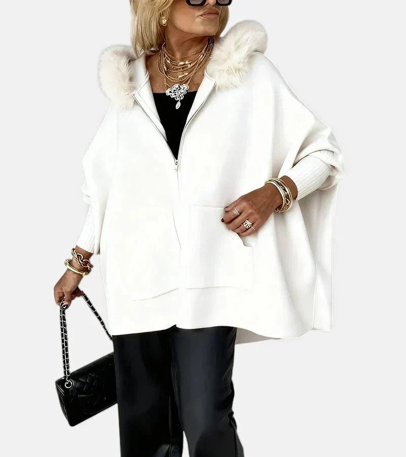 Faux Fur-Trim Hooded Knit Cape Jacket