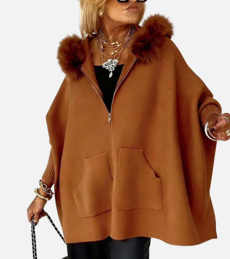 Faux Fur-Trim Hooded Knit Cape Jacket