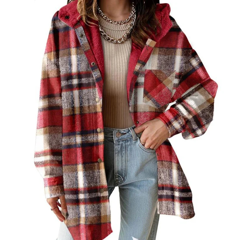 Hooded Plaid Shacket with Teddy Lining