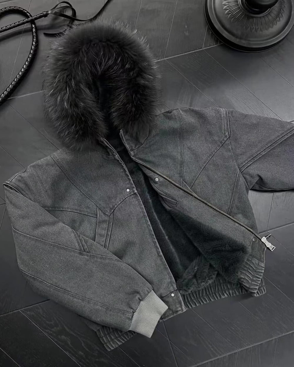 Faux Fur Hood Plush-Lined Cropped Bomber