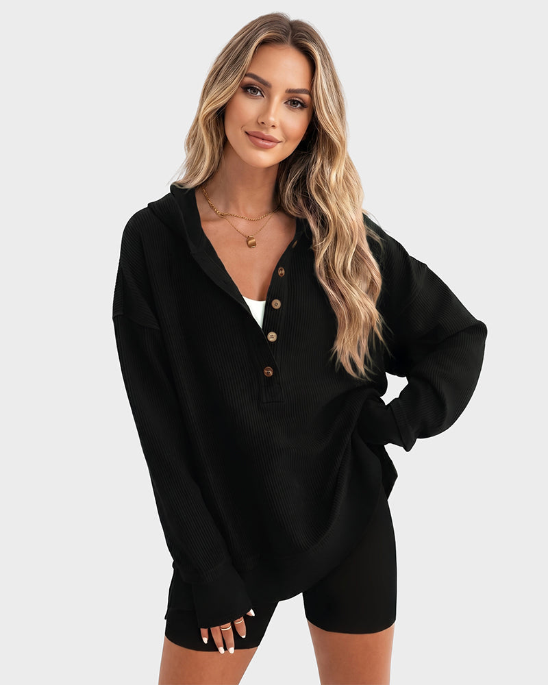 Oversized Ribbed Henley Hoodie