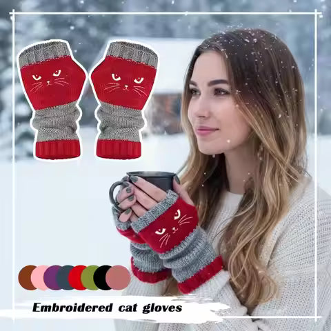 Embroidered Cat Fingerless Knit Gloves