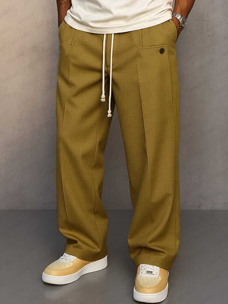 Men's Pleated Drawstring Wide-Leg Trousers
