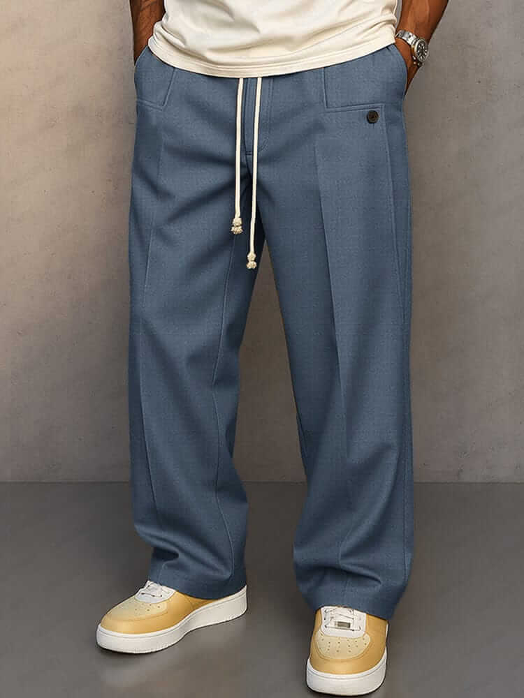 Men's Pleated Drawstring Wide-Leg Trousers
