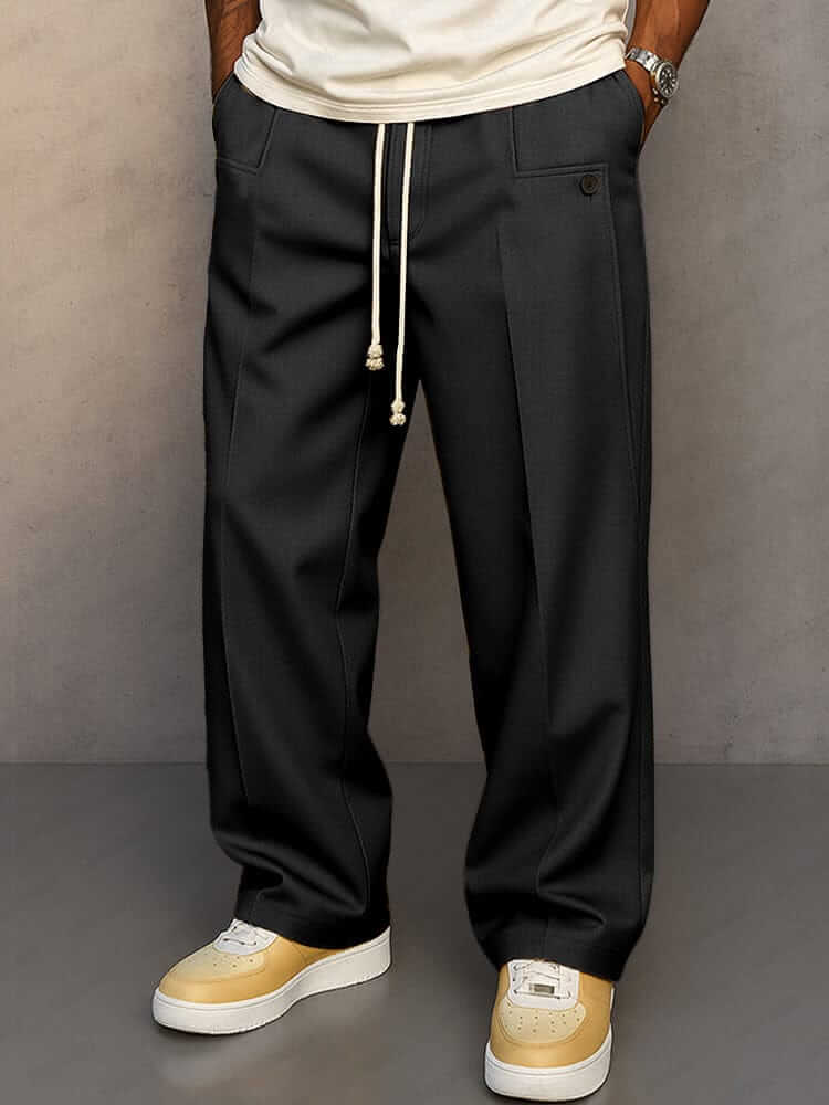 Men's Pleated Drawstring Wide-Leg Trousers