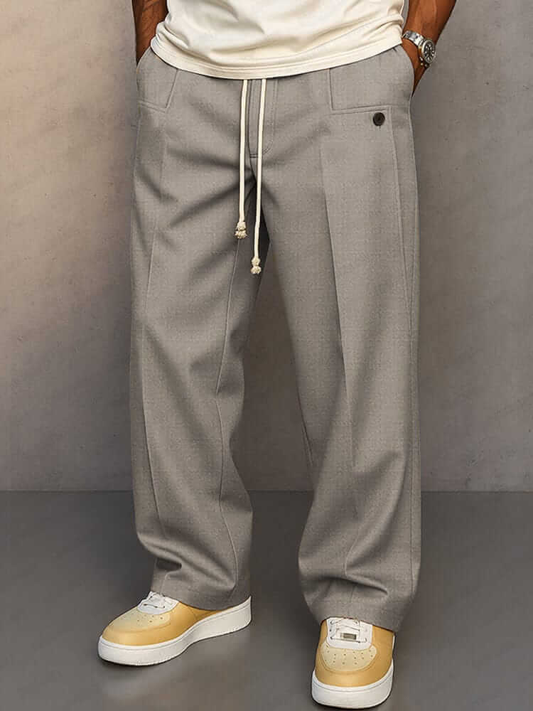 Men's Pleated Drawstring Wide-Leg Trousers
