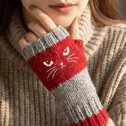 Embroidered Cat Fingerless Knit Gloves