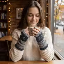 Embroidered Cat Fingerless Knit Gloves