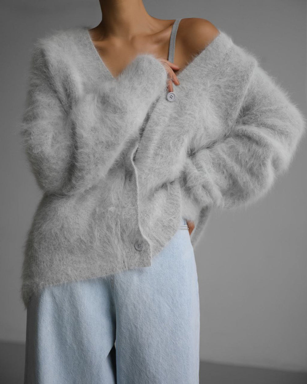 Fuzzy Oversized V-Neck Button Cardigan
