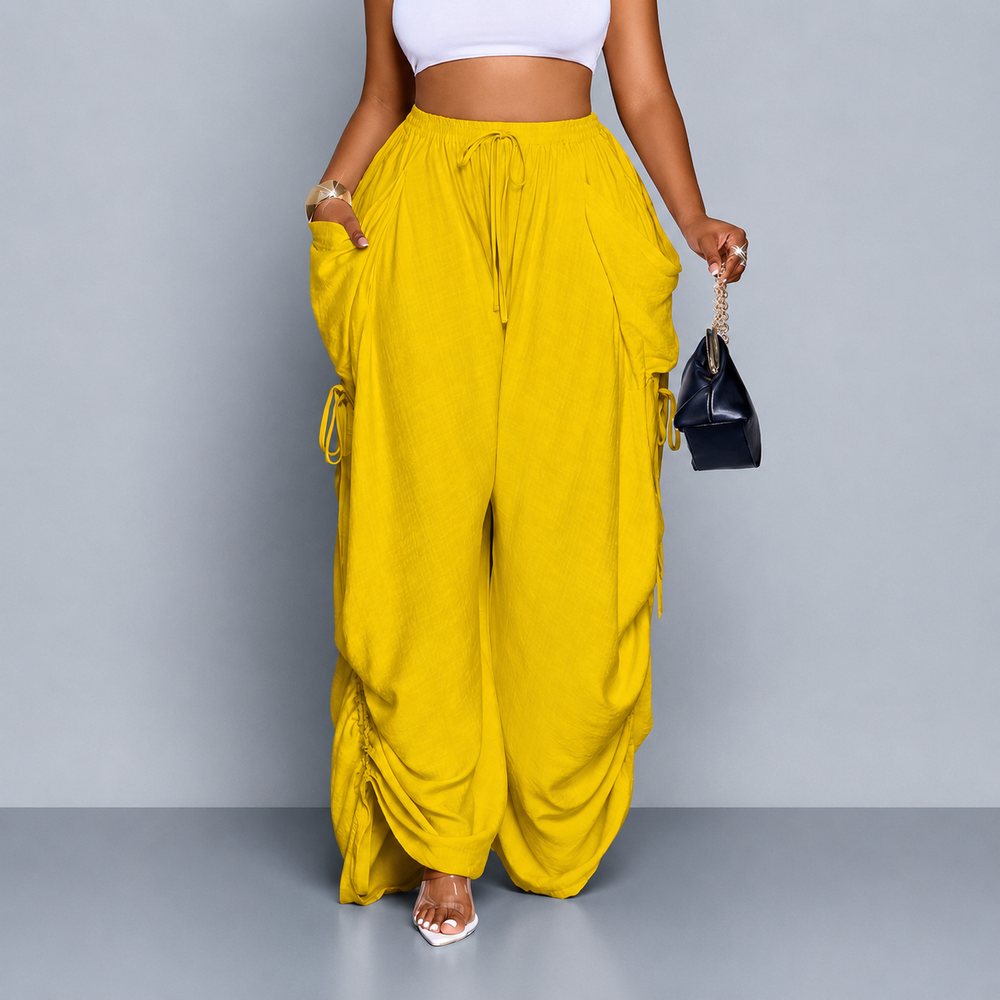 Ruched Wide-Leg Drawstring Pants