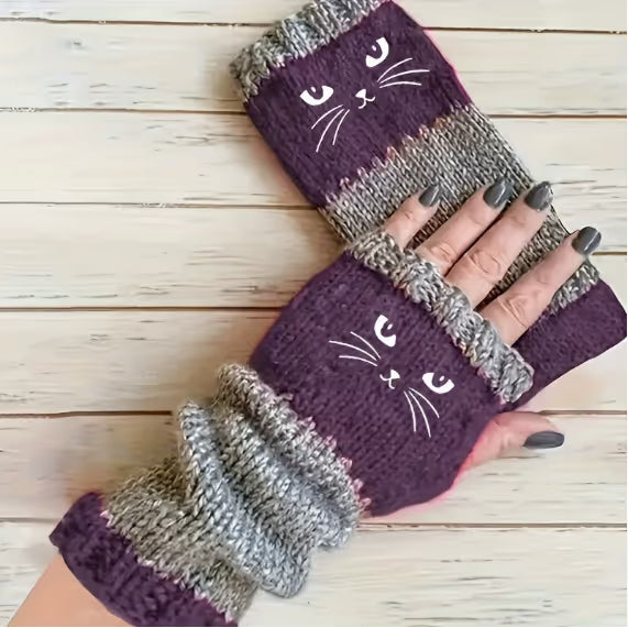 Embroidered Cat Fingerless Knit Gloves