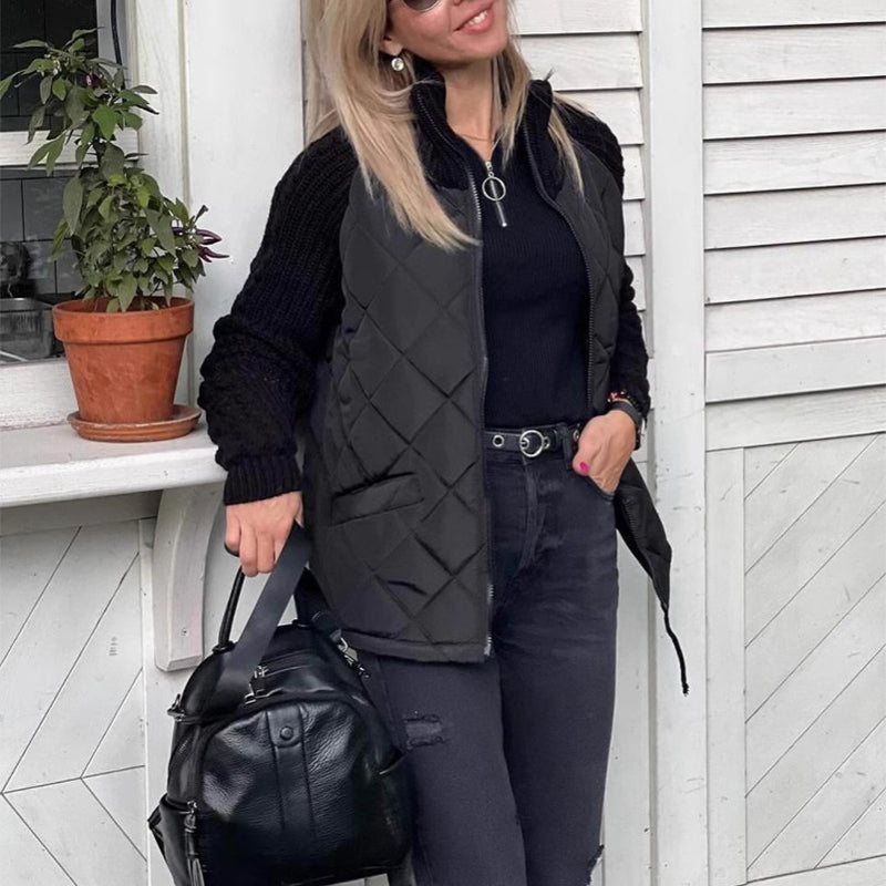 Quilted Zip Jacket with Cable-Knit Sleeves