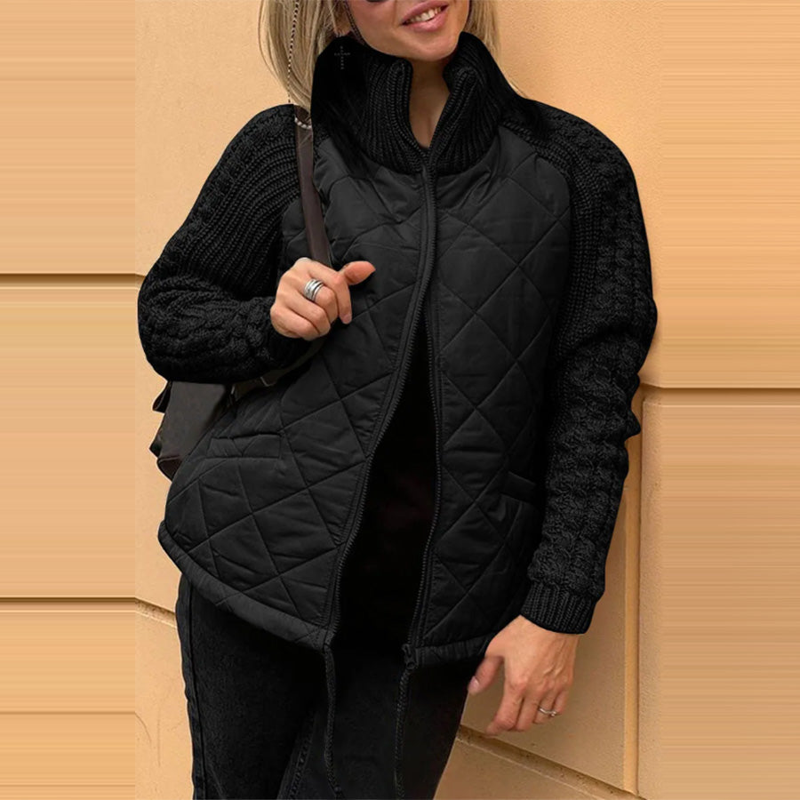 Quilted Zip Jacket with Cable-Knit Sleeves