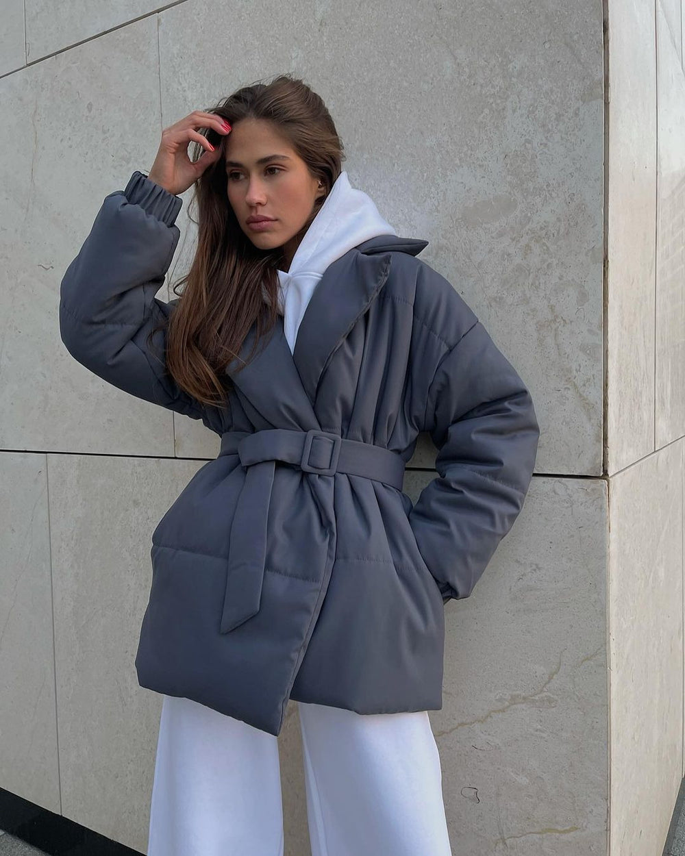 Belted Wrap Puffer Jacket with Lapel Collar