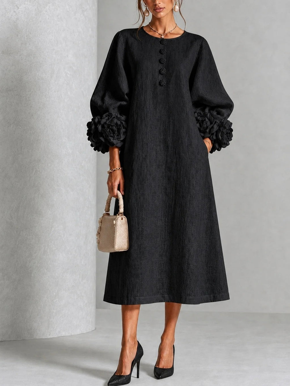 Textured Midi Dress with Rosette Cuffs