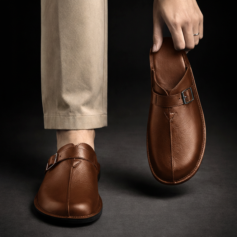 Men's Buckle-Strap Slip-On Mules