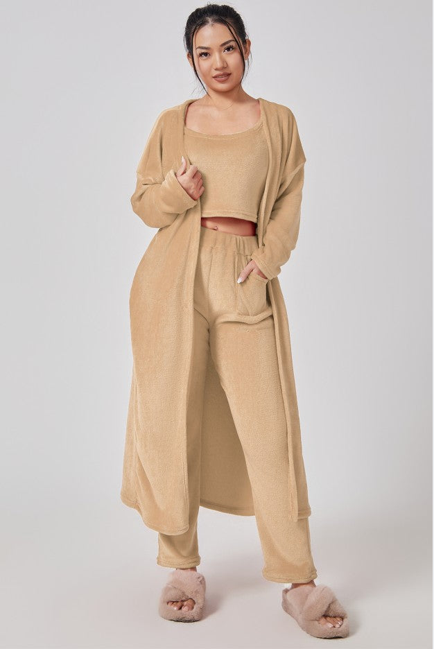 Fuzzy Knit 3-Piece Long Cardigan Lounge Set