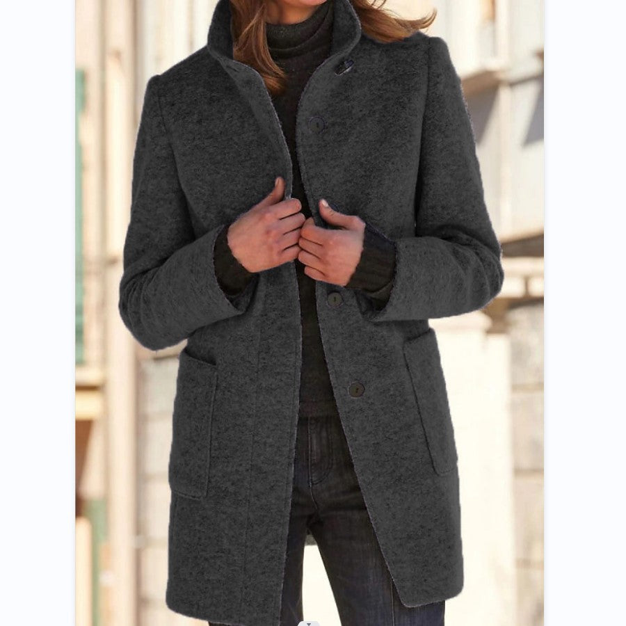 Stand-Collar Wool-Look Button Coat